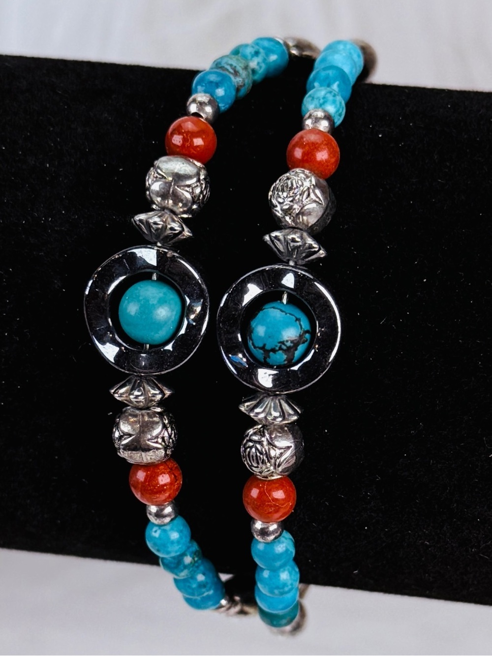 Bohemian southwestern two strand silver tone, handmade costume bracelet
